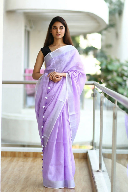 Very Much Indian Pure Linen Saree With Sleek Border And Exclusive Design - Lavender - Grab2buy