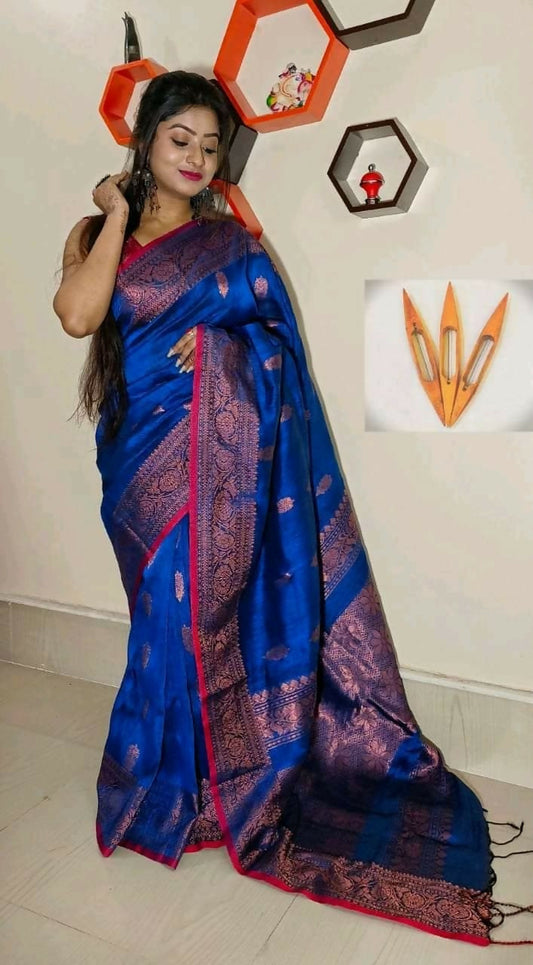 Exclusive Collection Beautiful Linen Banarashi Blue Pure Cotton Handloom Grab2Buy With Running Blouse Piece