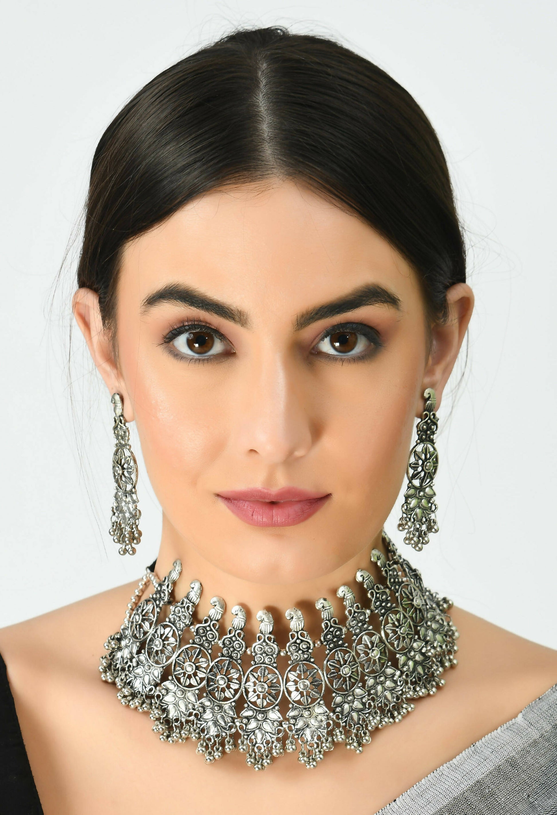 Mominos Fashion Johar Kamal Oxidised Silver-Plated Brass Finish Temple Jewellery with Earrings For Women - Grab2buy