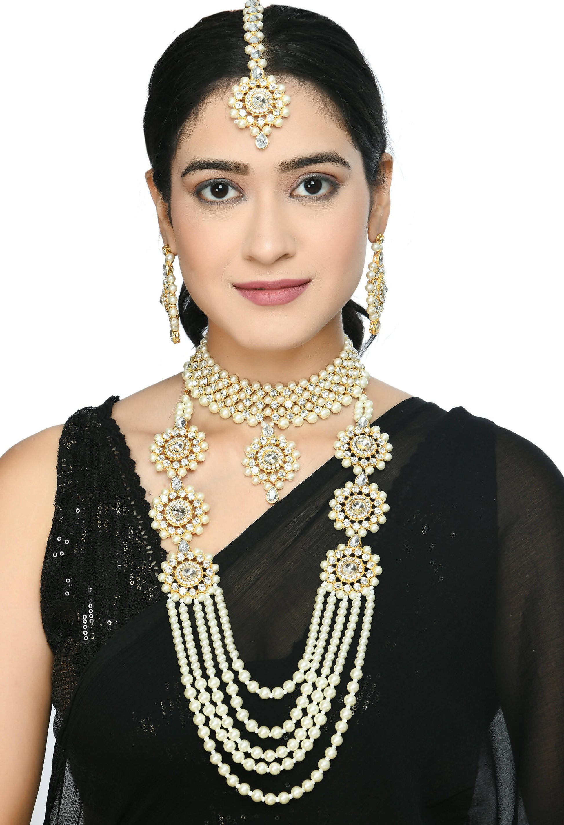 Mominos Fashion Johar Kamal Gold-Plated Rani Haar with Off white Pearls Jewellery Set - Grab2buy