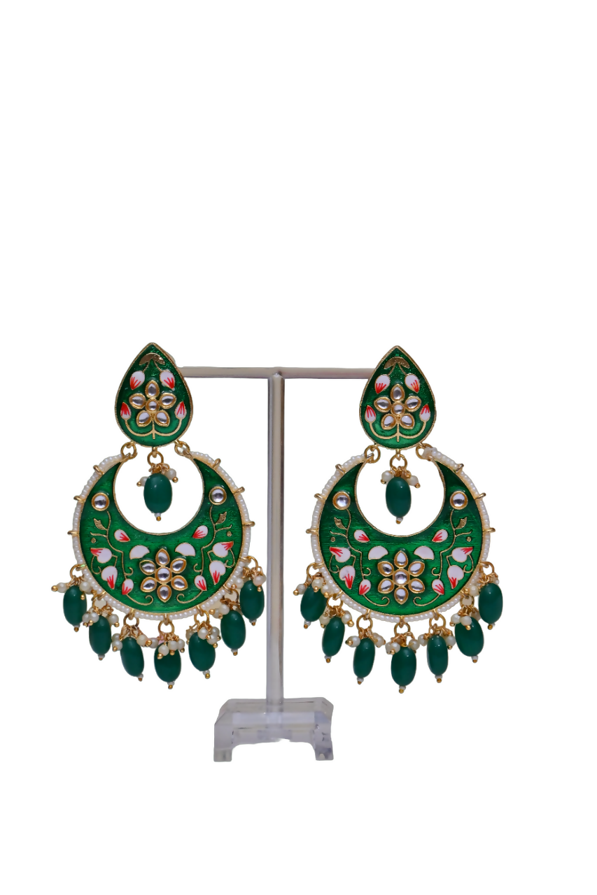 Gold Plated Brass & Pearl Dangle Women Green Hand Painted Meenakari Chandbali Earrings By House of Ree - Grab2buy