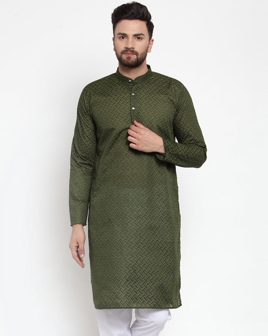 Jompers Men Olive Green Chikan Kurta Only 