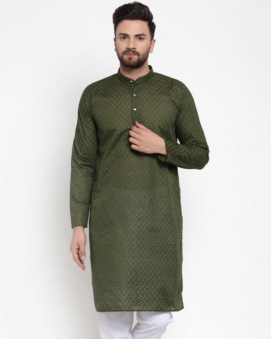 Jompers Men Olive Green Chikan Kurta Only 