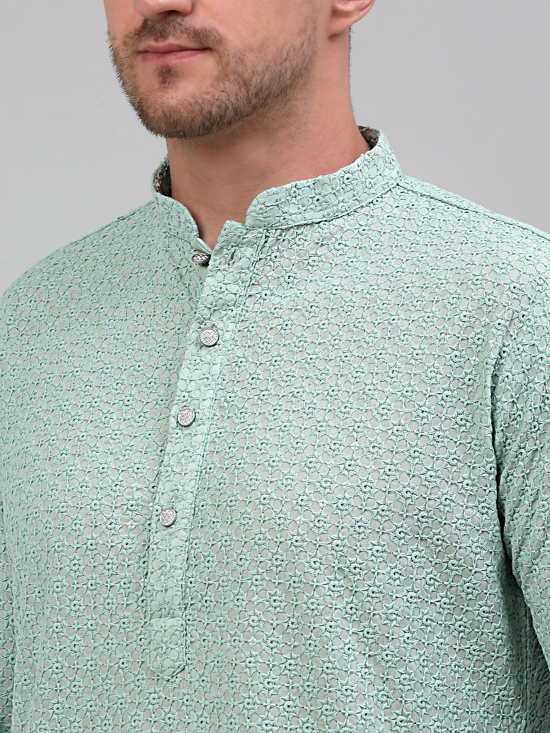 Jompers Men's Green Chikankari Embroidered and Sequence Kurta Only