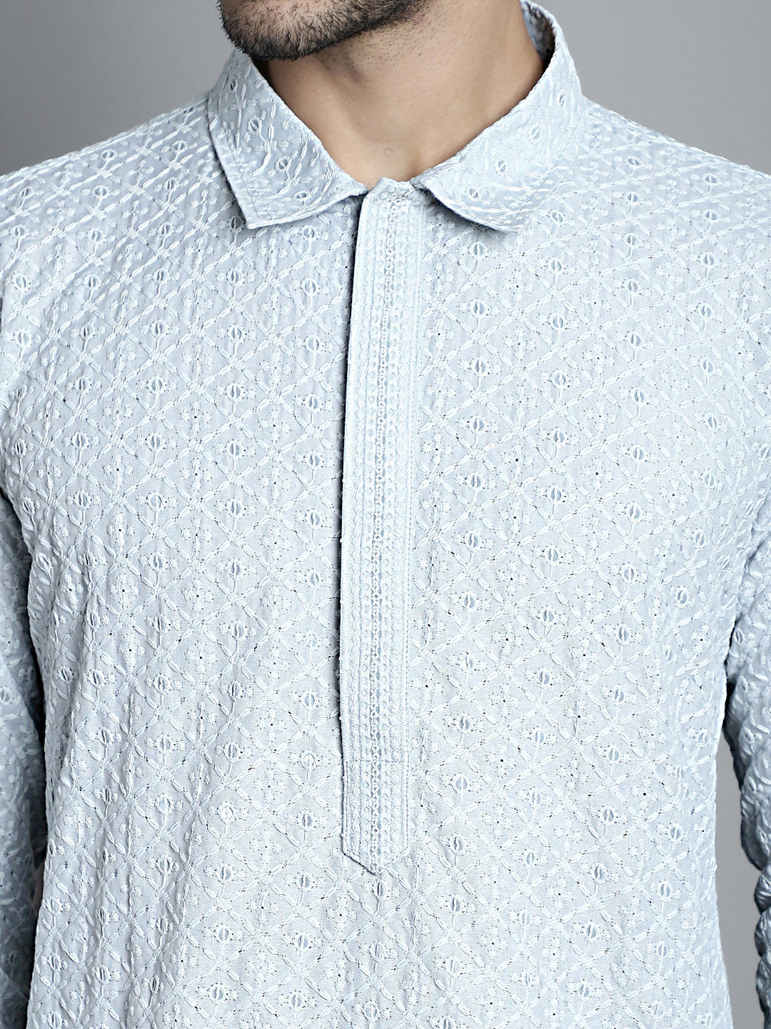 Jompers Men's Chikankari Embroidered and Sequence Kurta Only - Light-Grey