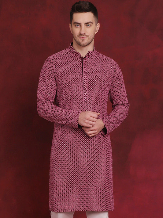 Jompers Men's Sequin Embroidered Pure Cotton Kurta - Magenta