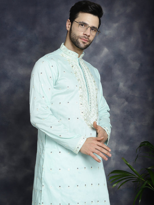 Jompers Men's Chikankari Embroidered Kurta - Sky Blue
