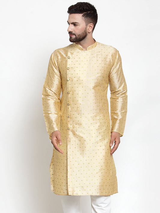 Jompers Men Mustard & Golden Self Design Kurta Only