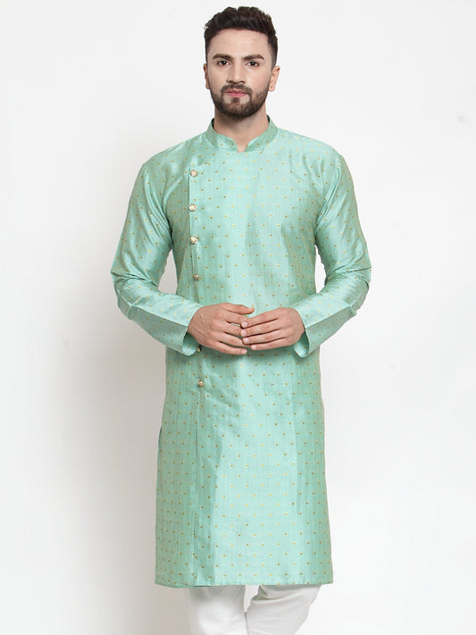 Jompers Men Sky-Blue & Golden Self Design Kurta Only
