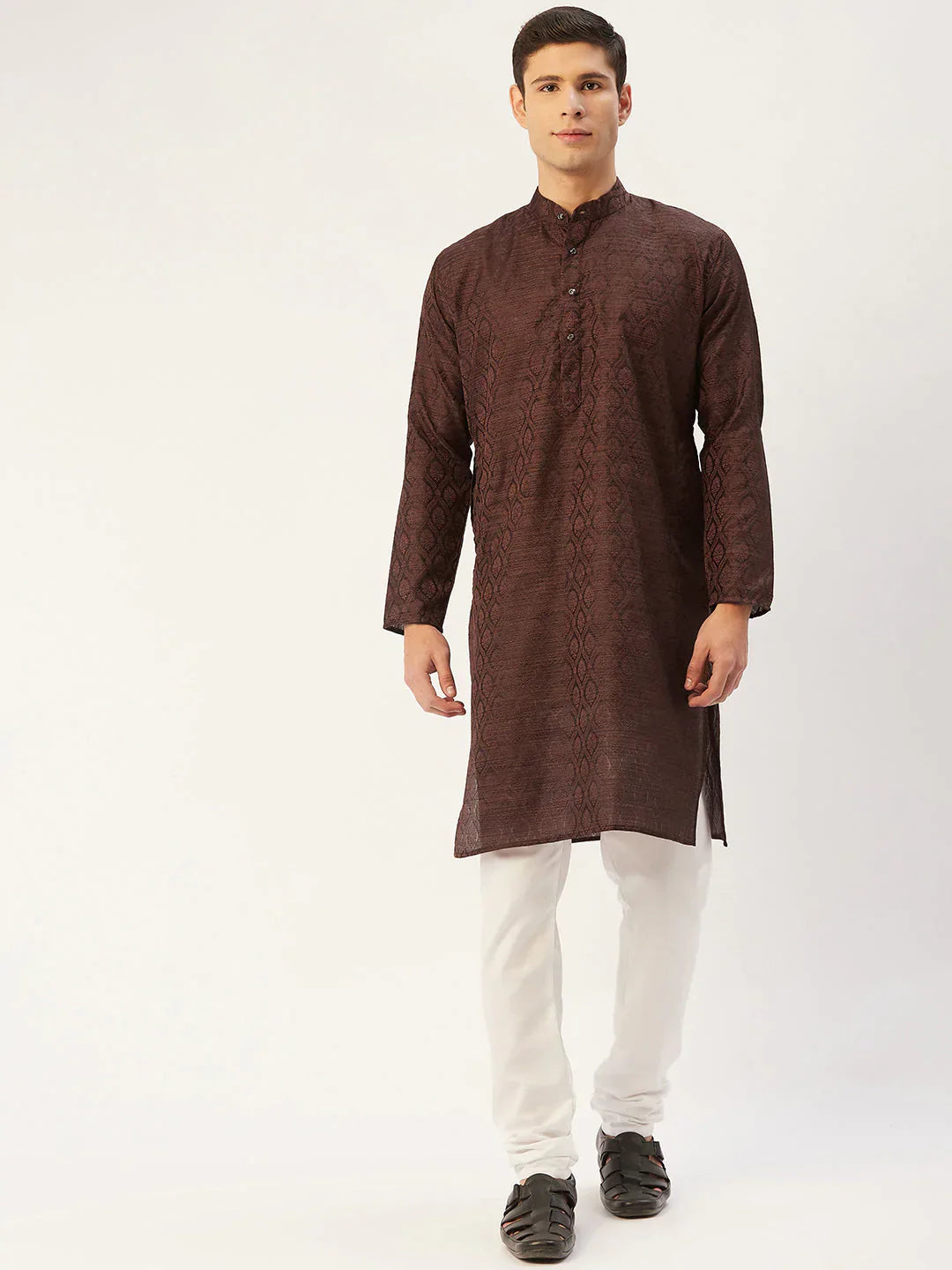 Jompers Men's Woven Design Jacquard Kurta - Coffee