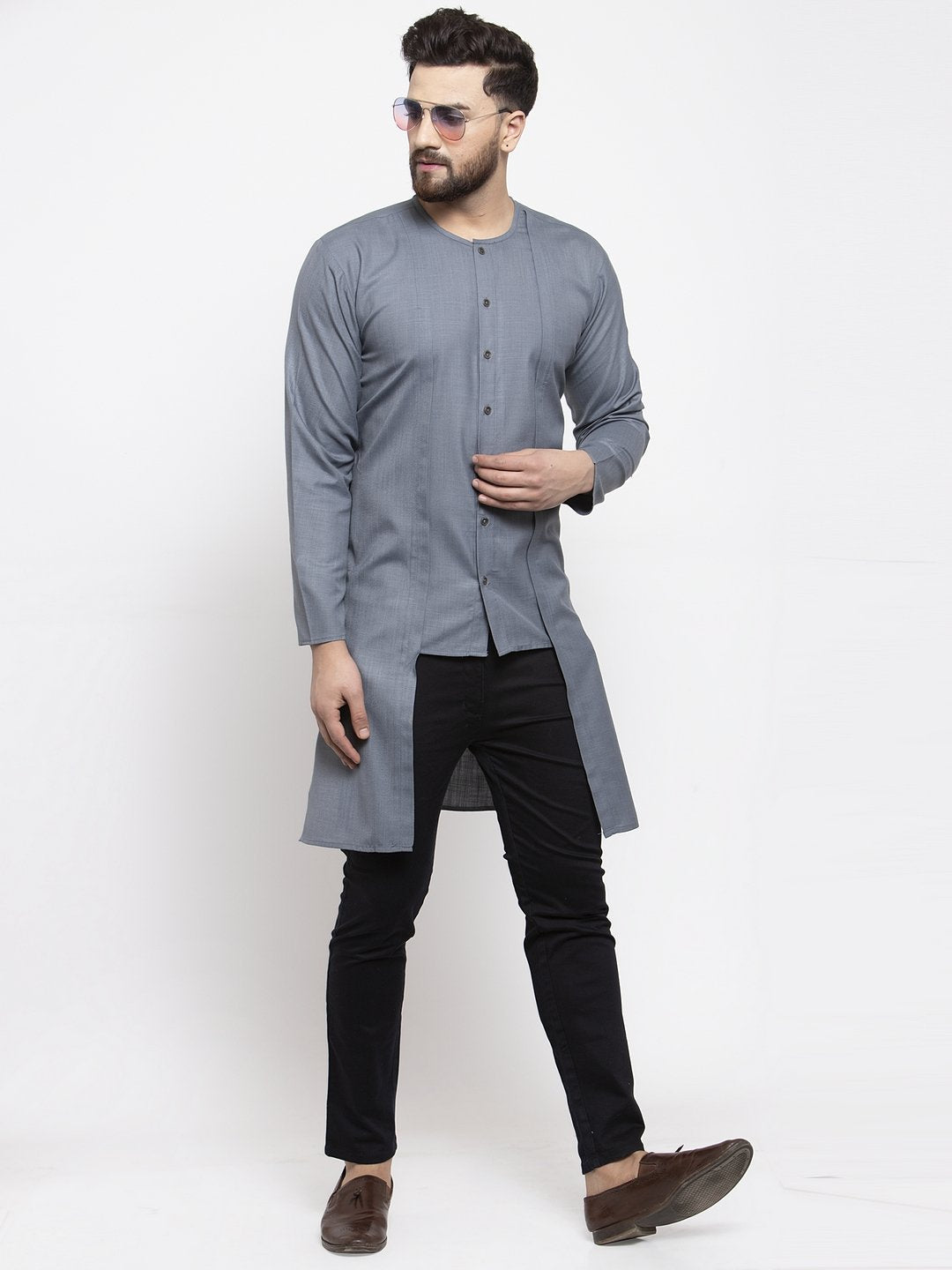 Jompers Men Grey Solid high-low Kurta