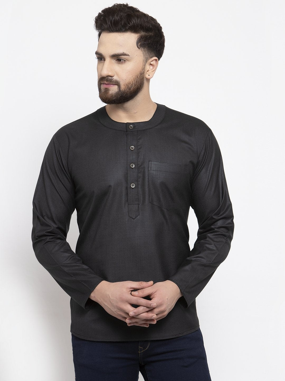 Jompers Men Black Solid Straight Short Kurta