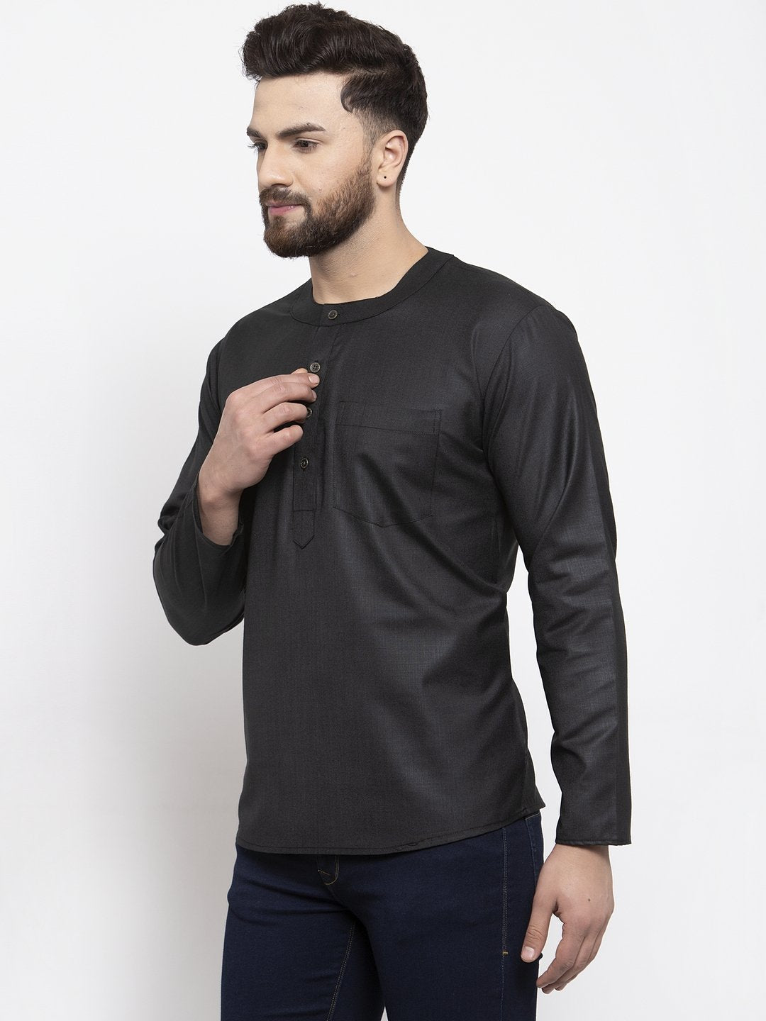 Jompers Men Black Solid Straight Short Kurta