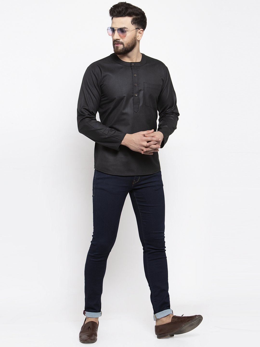 Jompers Men Black Solid Straight Short Kurta