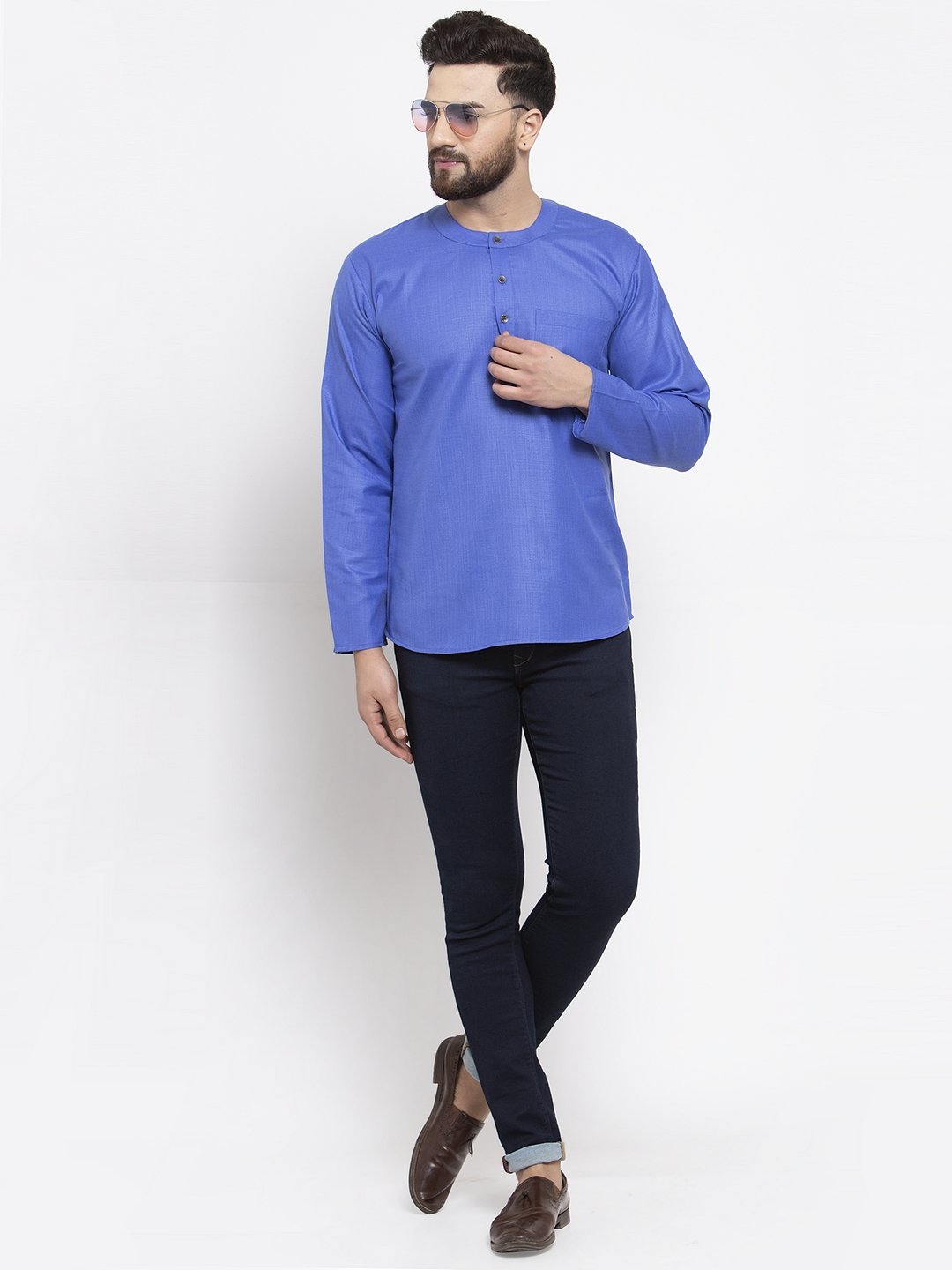 Jompers Men Blue Solid Straight Short Kurta