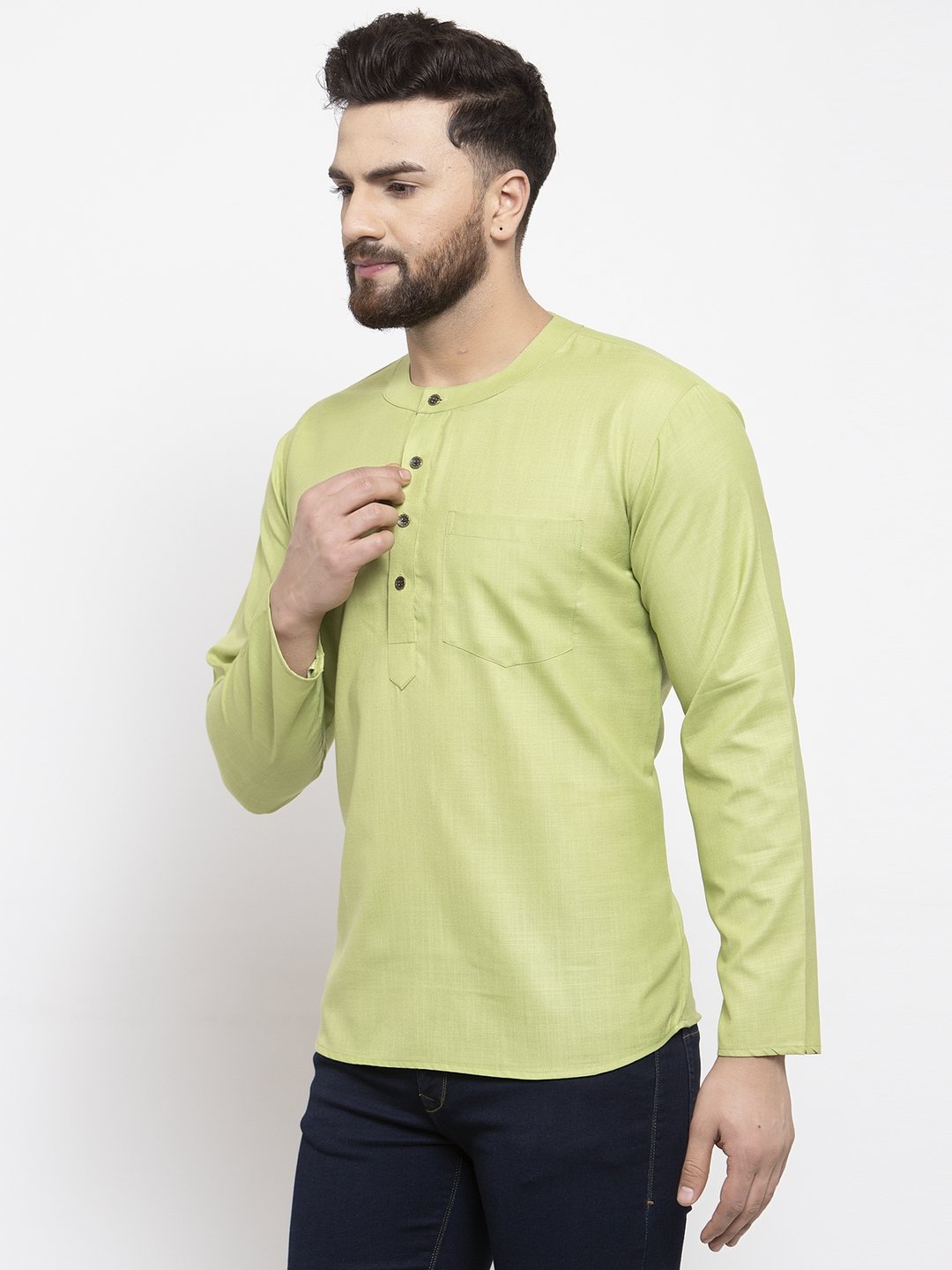Jompers Men Green Solid Straight Short Kurta