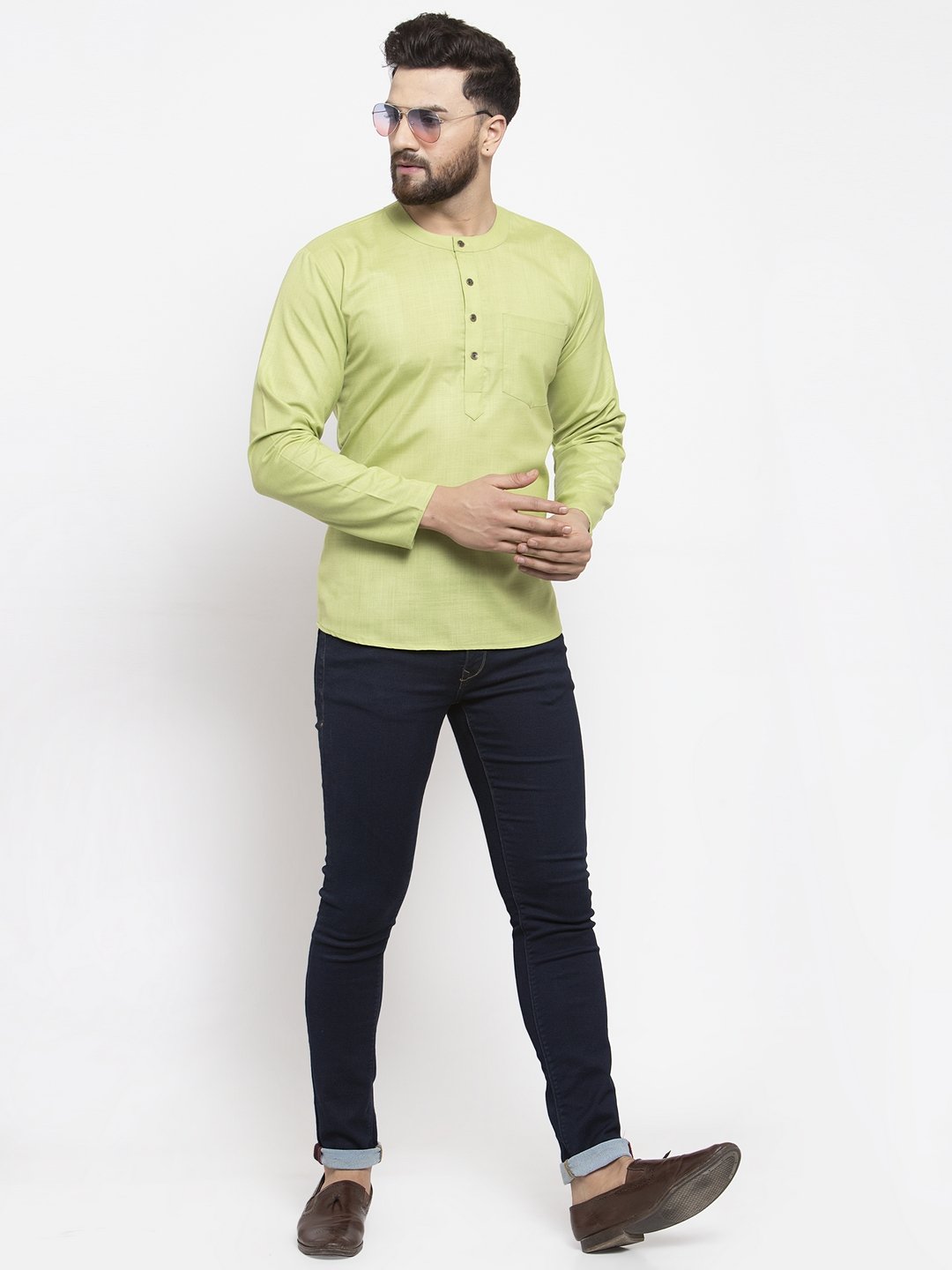 Jompers Men Green Solid Straight Short Kurta