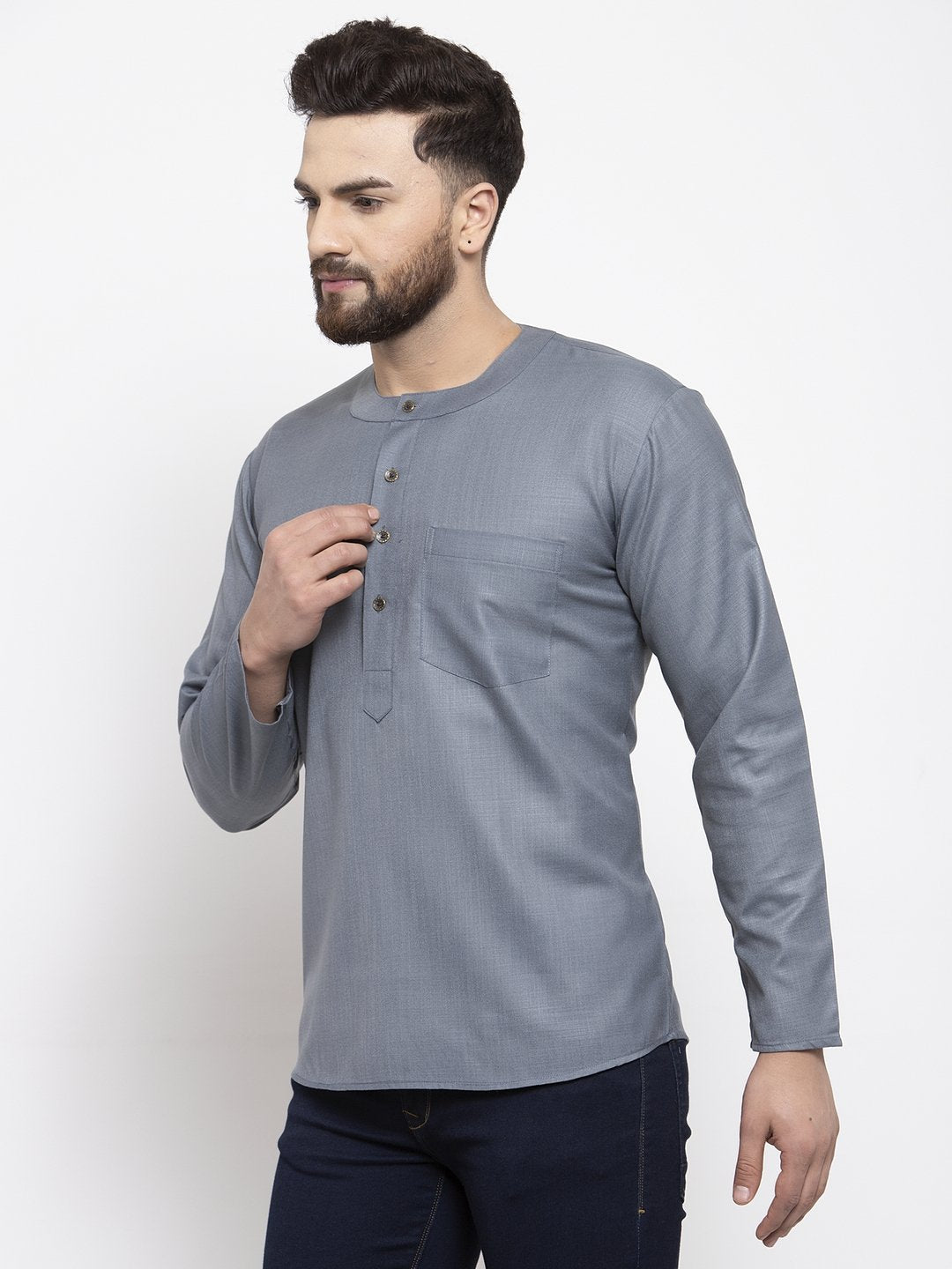 Jompers Men Grey Solid Straight Short Kurta