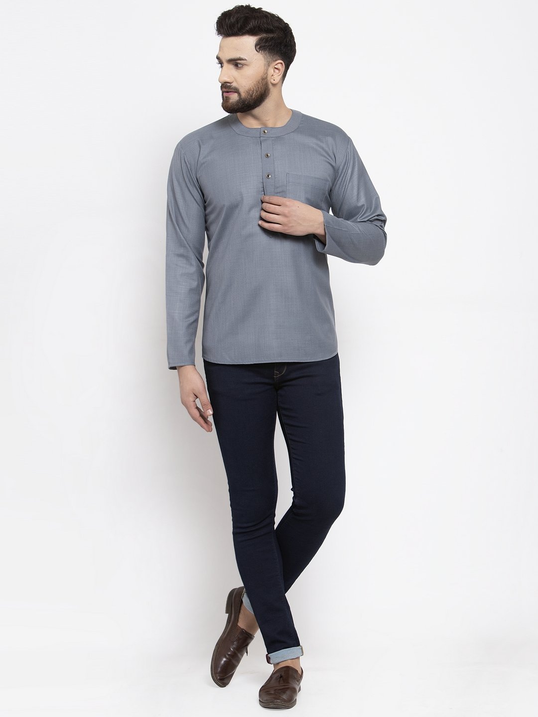 Jompers Men Grey Solid Straight Short Kurta