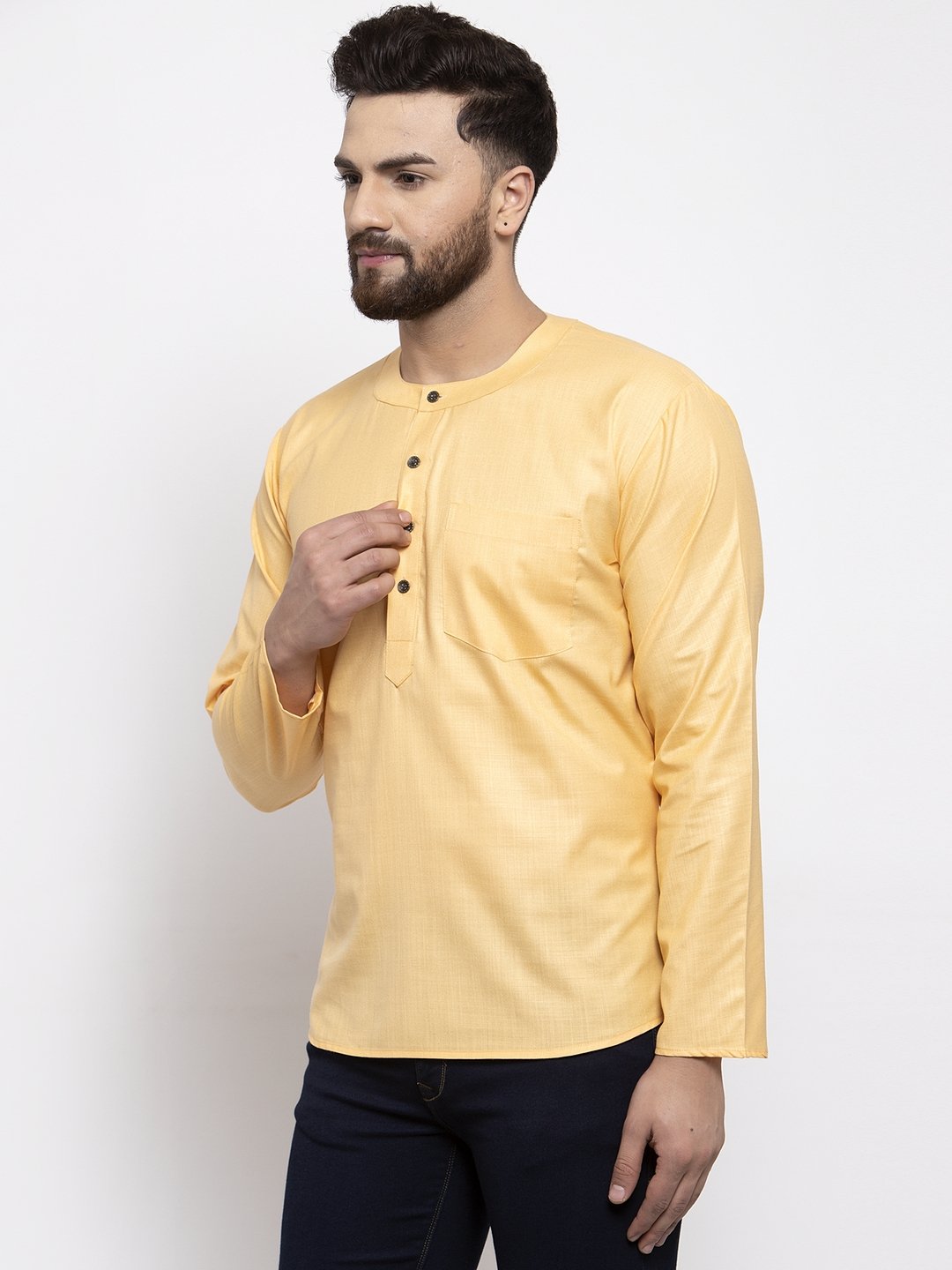 Jompers Men Mustard Solid Straight Short Kurta
