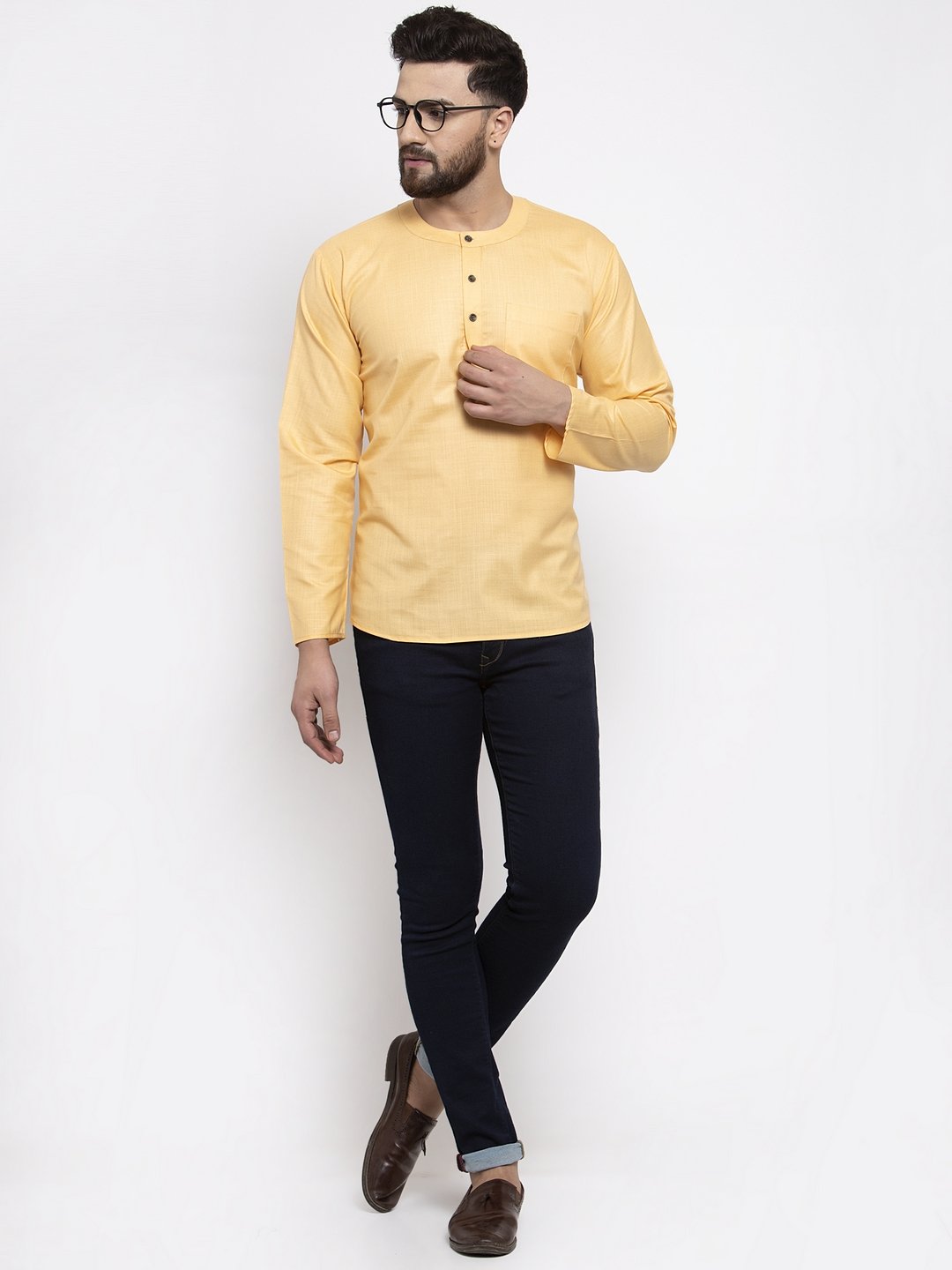 Jompers Men Mustard Solid Straight Short Kurta