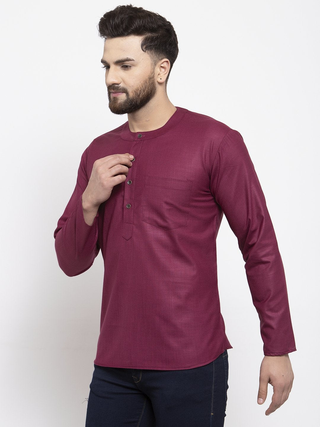Jompers Men Purple Solid Straight Short Kurta