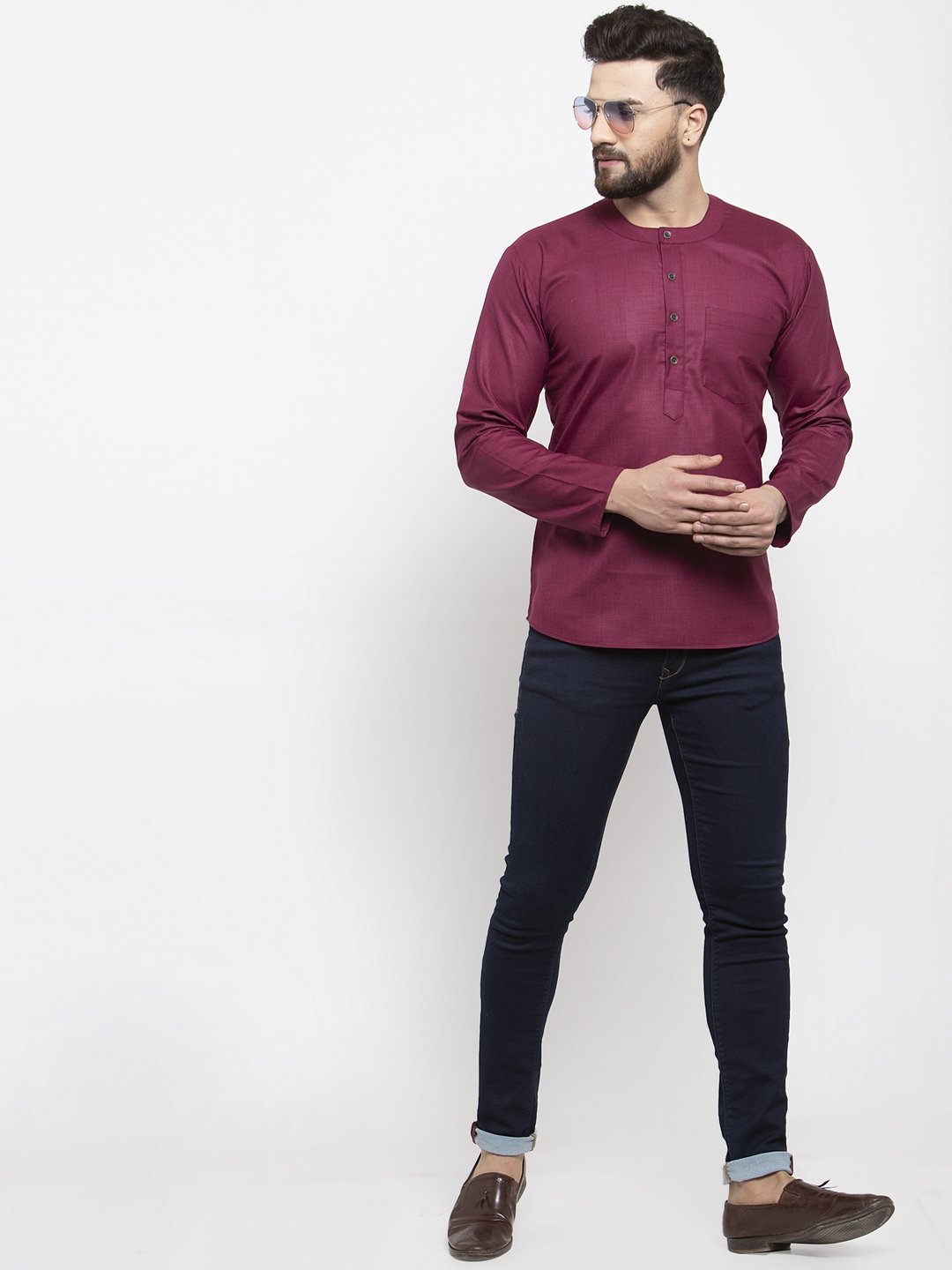 Jompers Men Purple Solid Straight Short Kurta