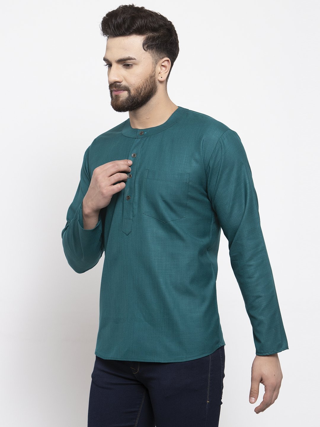 Jompers Men Teal Solid Straight Short Kurta