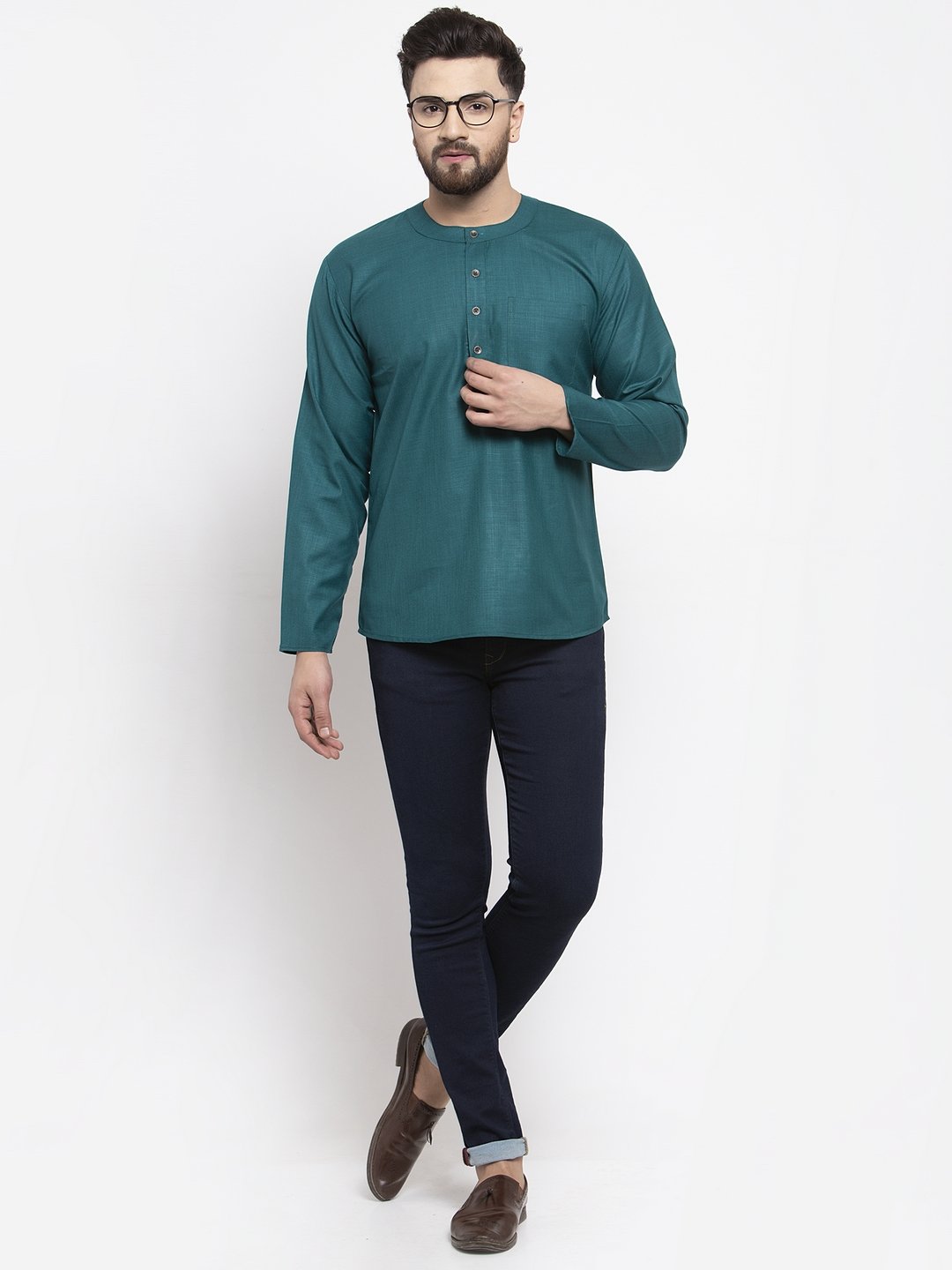 Jompers Men Teal Solid Straight Short Kurta
