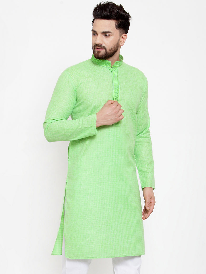 Jompers Men Green & White Embroidered Kurta Only