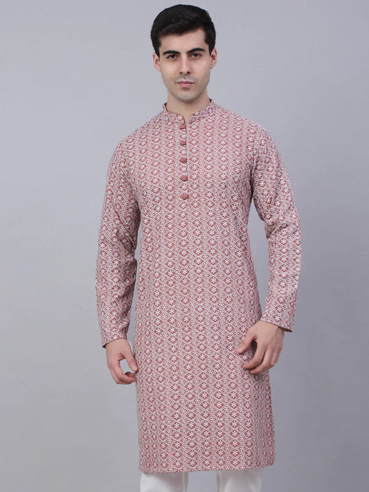 Jompers Men's Coral Red & White Embroidered Straight Kurta