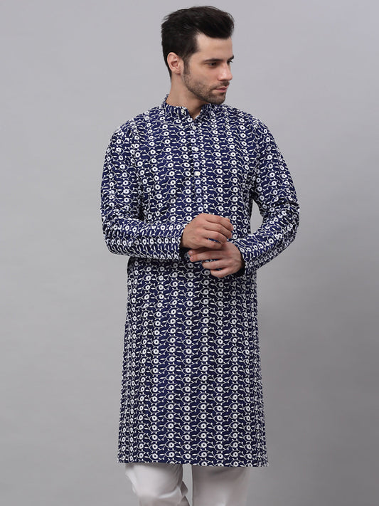 Jompers Men's Navy Blue Embroidered Dupion Silk Kurta