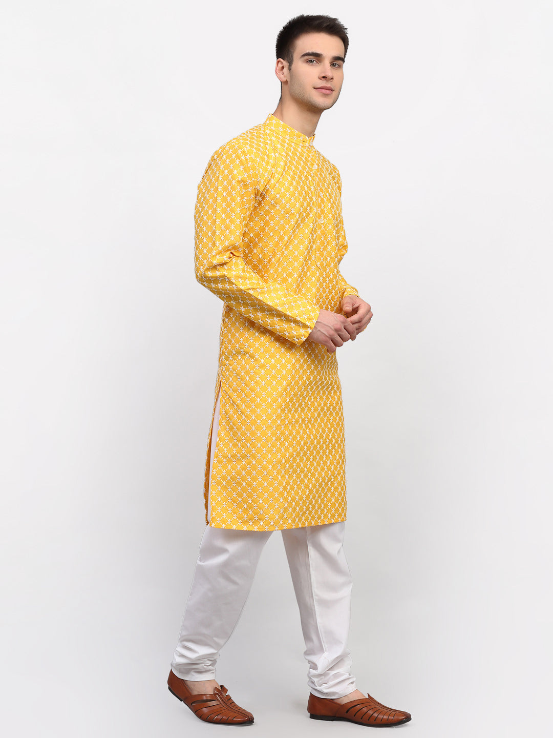 Jompers Men Mustard Chikankari Kurta Only