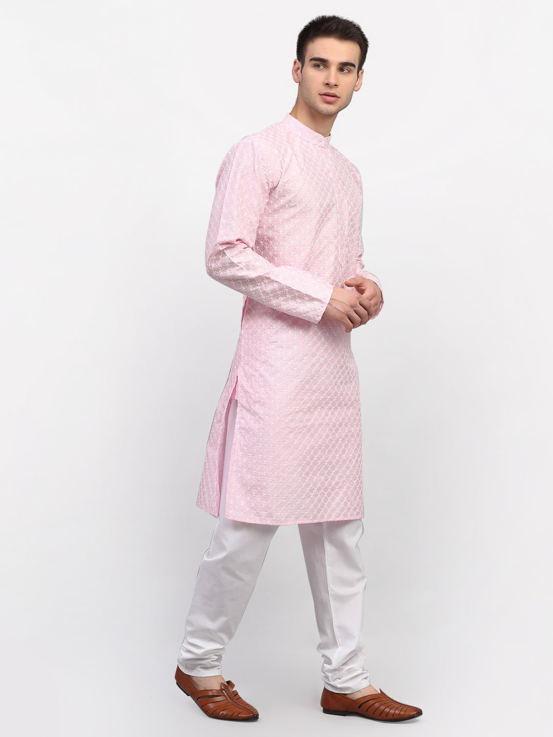 Jompers Men Pink Chikankari Kurta Only