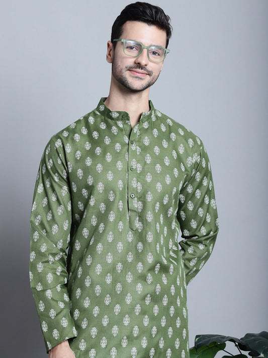 Jompers Men's Cotton Floral printed Kurta Only - Olive