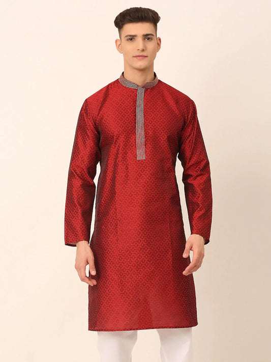Jompers Men's Silk Blend Collar Embroidered Kurta only - Maroon