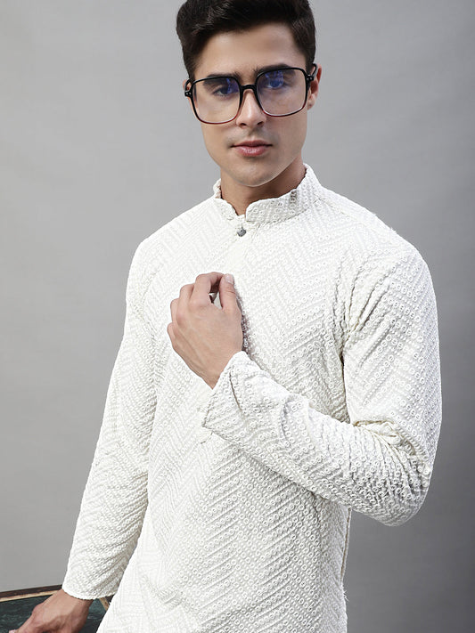 Jompers Men's White Embroidered Sequinned Kurta