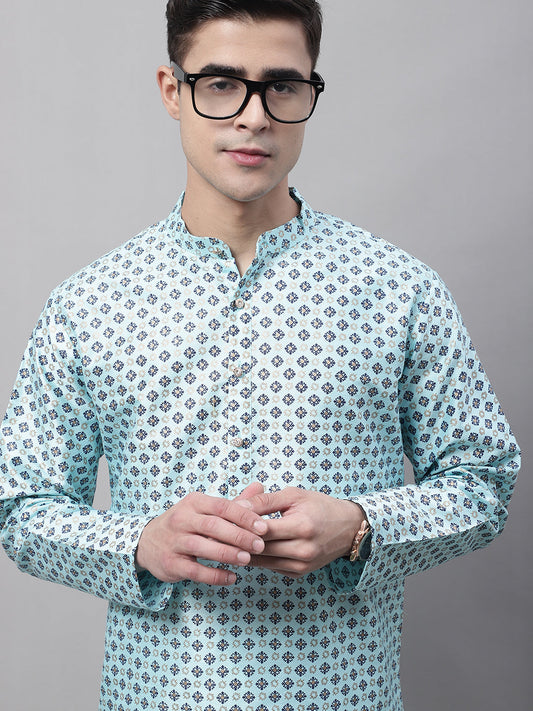 Jompers Men's Sky Blue Printed Silk Blend Kurta