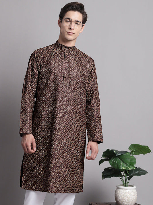 Jompers Men's Coffee Brown Printed Pure Cotton Kurta