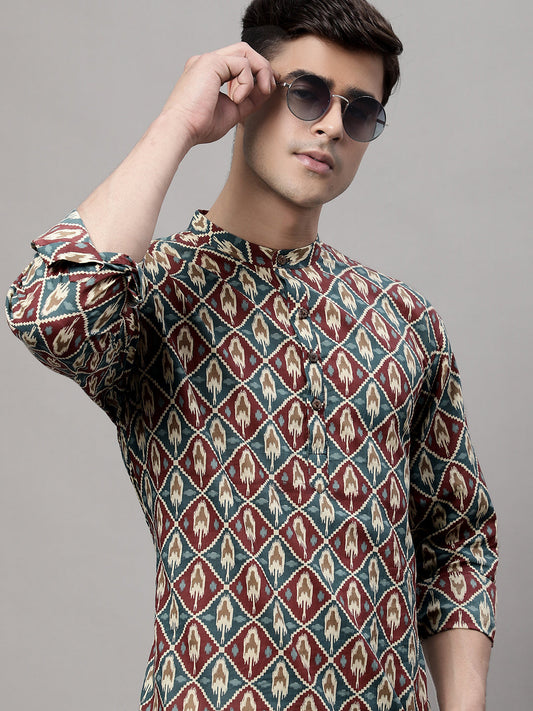 Jompers Men's Blue and Maroon Ikkat Printed Short Kurta