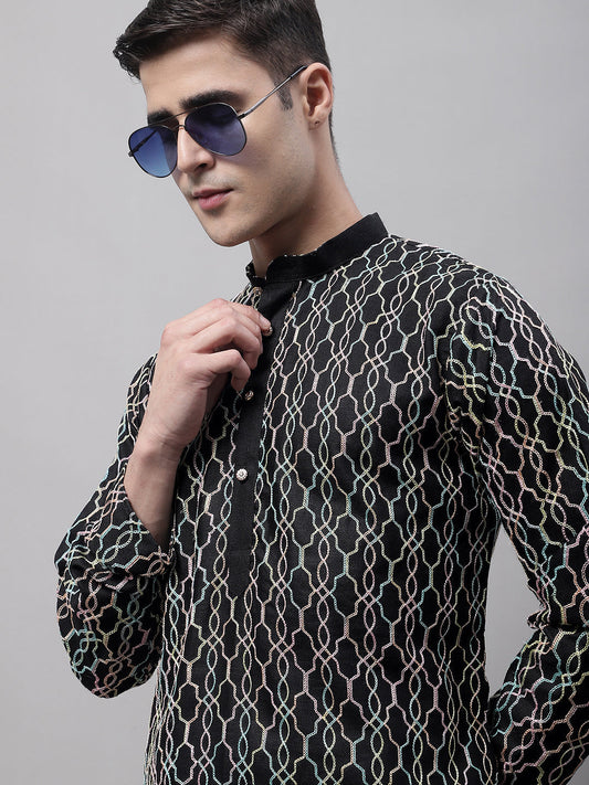 Jompers Men's Black and Multi Coloured Embroidered Straight Kurta