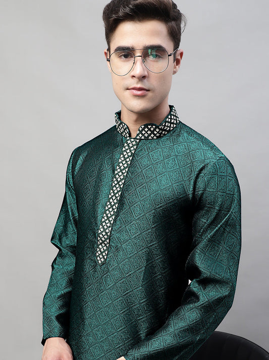 Jompers Men's Olive Green Jacquard Silk Collar Embroidered Kurta