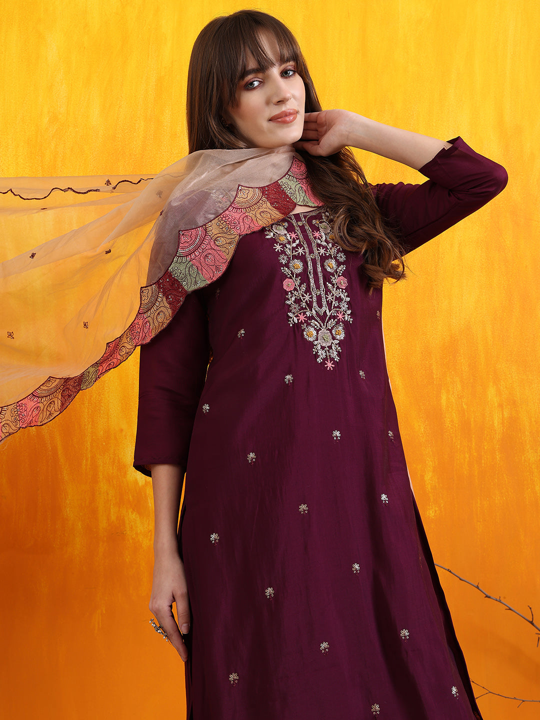 Hand Embroidered Kurta With Pant & Embroidered Organza Dupatta, Purple - Hiral Fashion