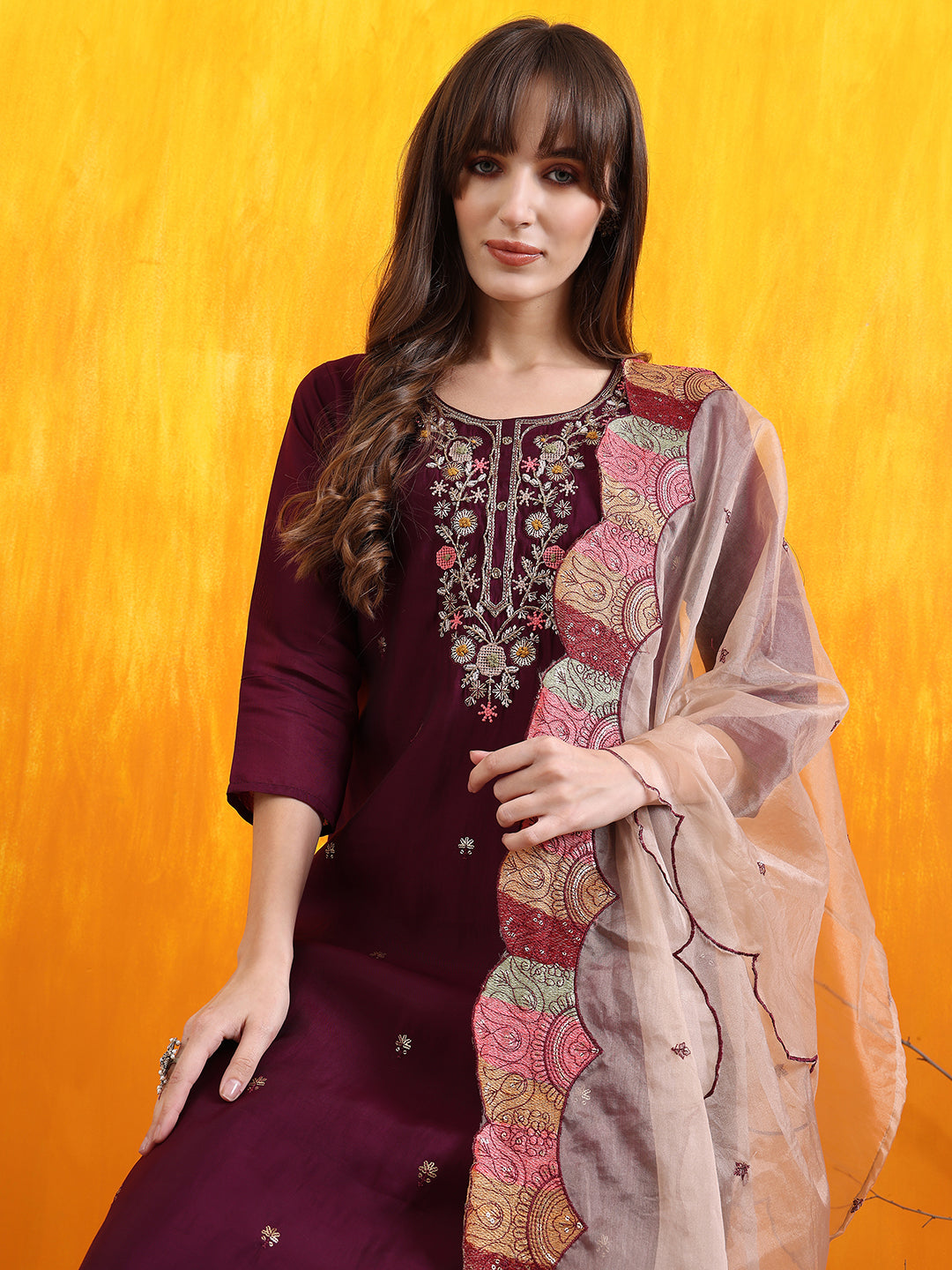 Hand Embroidered Kurta With Pant & Embroidered Organza Dupatta, Purple - Hiral Fashion