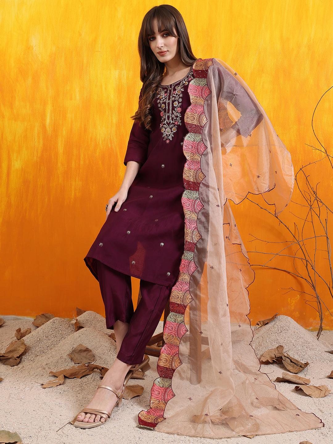 Hand Embroidered Kurta With Pant & Embroidered Organza Dupatta, Purple - Hiral Fashion
