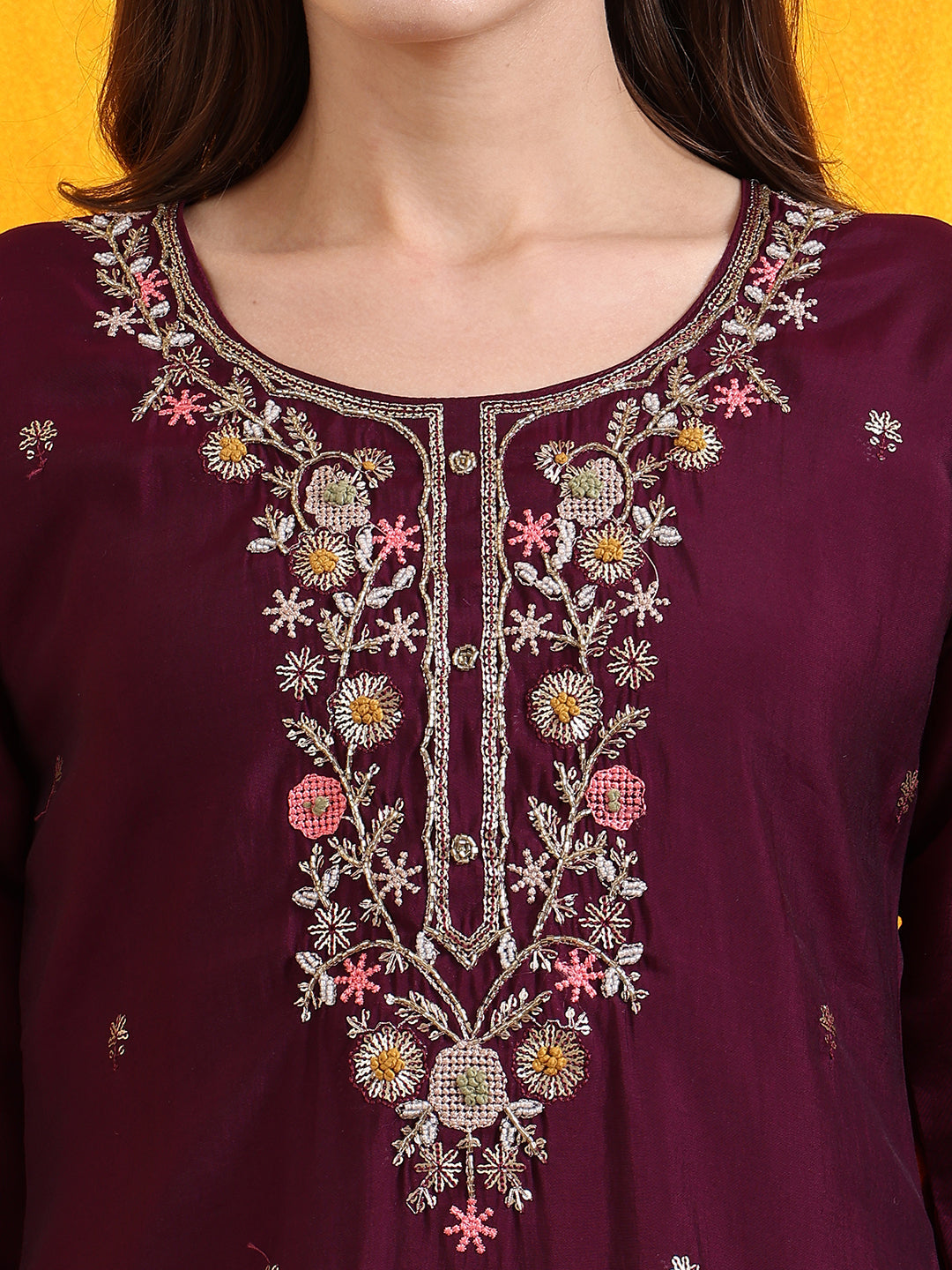 Hand Embroidered Kurta With Pant & Embroidered Organza Dupatta, Purple - Hiral Fashion