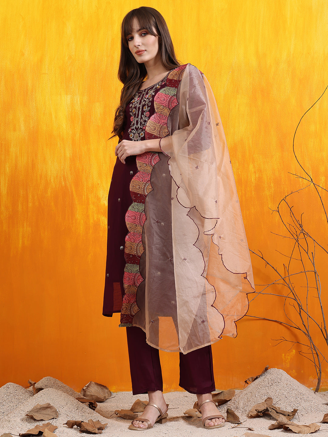 Hand Embroidered Kurta With Pant & Embroidered Organza Dupatta, Purple - Hiral Fashion