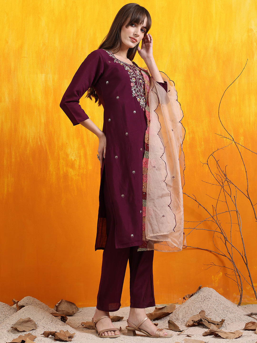 Hand Embroidered Kurta With Pant & Embroidered Organza Dupatta, Purple - Hiral Fashion