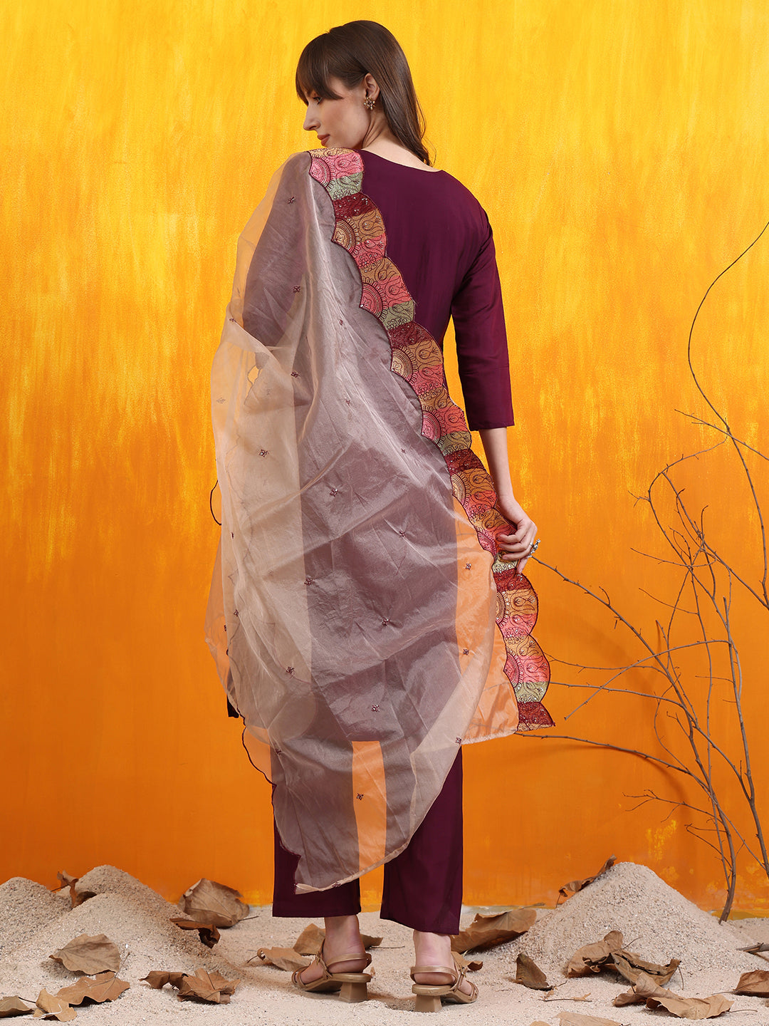 Hand Embroidered Kurta With Pant & Embroidered Organza Dupatta, Purple - Hiral Fashion