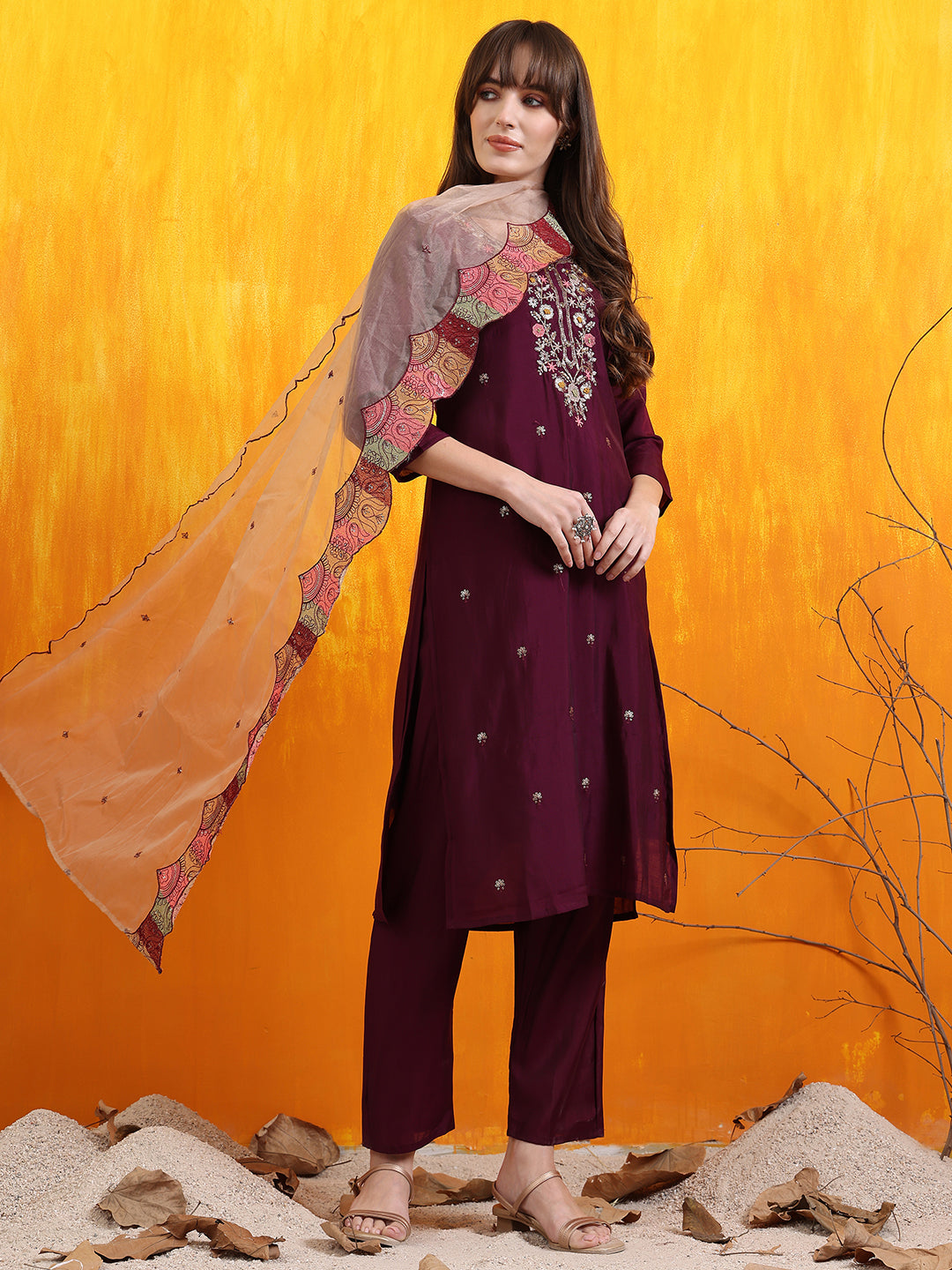 Hand Embroidered Kurta With Pant & Embroidered Organza Dupatta, Purple - Hiral Fashion